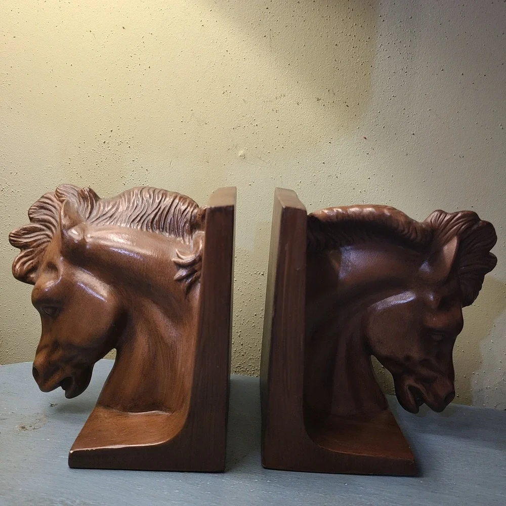 Vintage Mid Century Horse Head Bookends Set‎ Brown Wood Grain Ceramic Antiqued